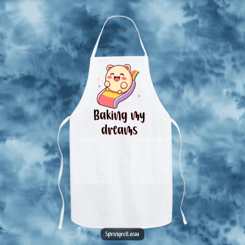 Funny apron with a giggling dim sum dumpling rolling down a rainbow slide, perfect for kitchen fun.
