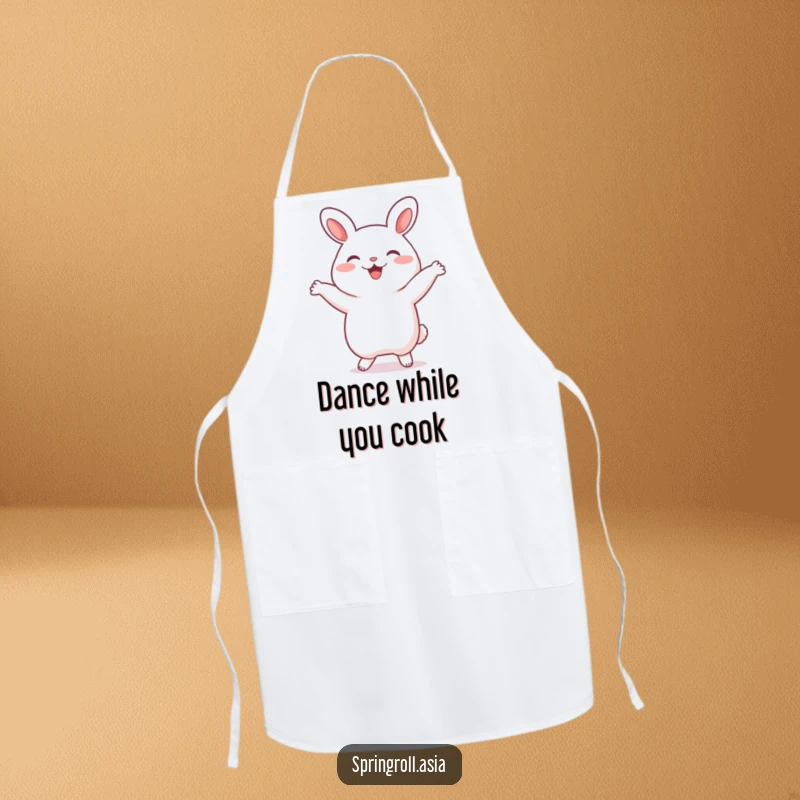 Funny bao bun apron illustrated with a happy steamed bun dancing playfully, perfect for adding humor to cooking and baking.