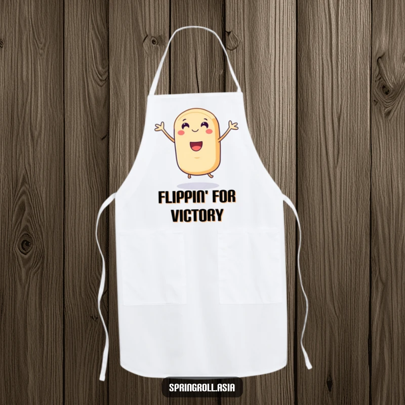 Funny apron: a smiling spring roll character with tiny legs joyfully doing a celebratory jump, perfect for adding fun to cooking.