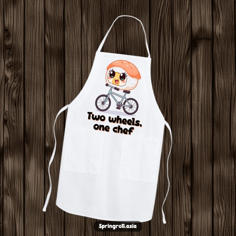 Funny apron: a piece of sushi with wide, happy eyes balancing on a tiny bicycle, perfect for adding quirkiness to cooking.