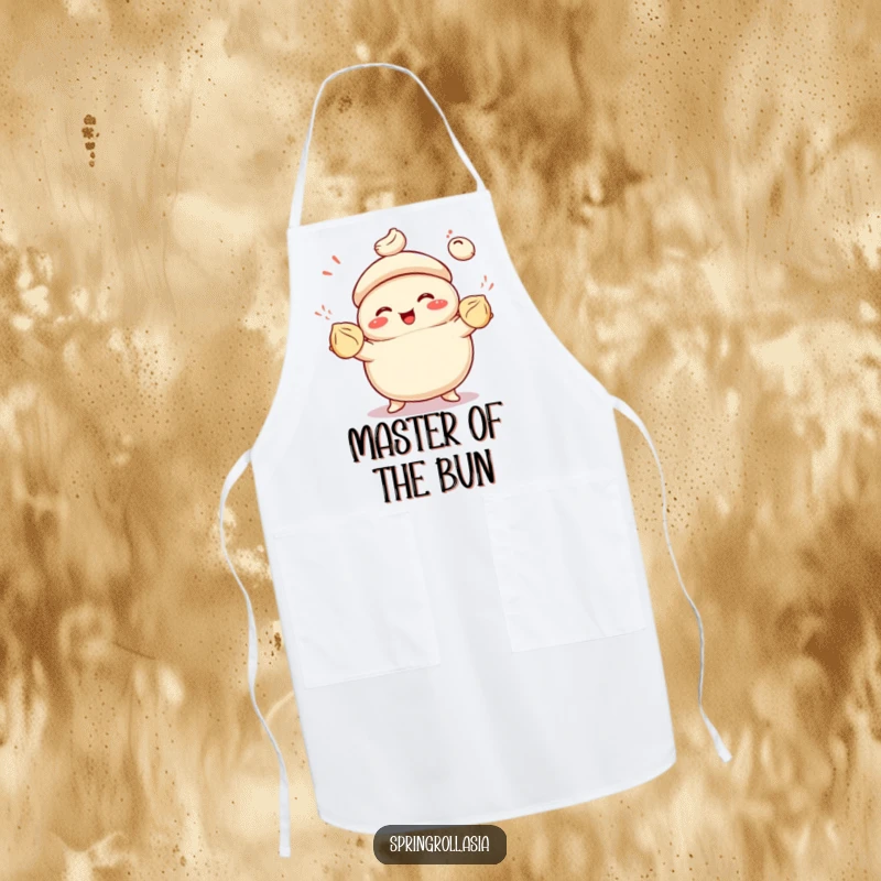Funny apron of a smiling bao bun juggling colorful dumplings with glee, designed for joyful cooking and baking sessions.