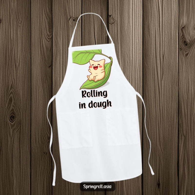 Funny apron depicting a laughing gyoza dumpling on a downhill leaf ride, perfect for kitchen protection with humor.