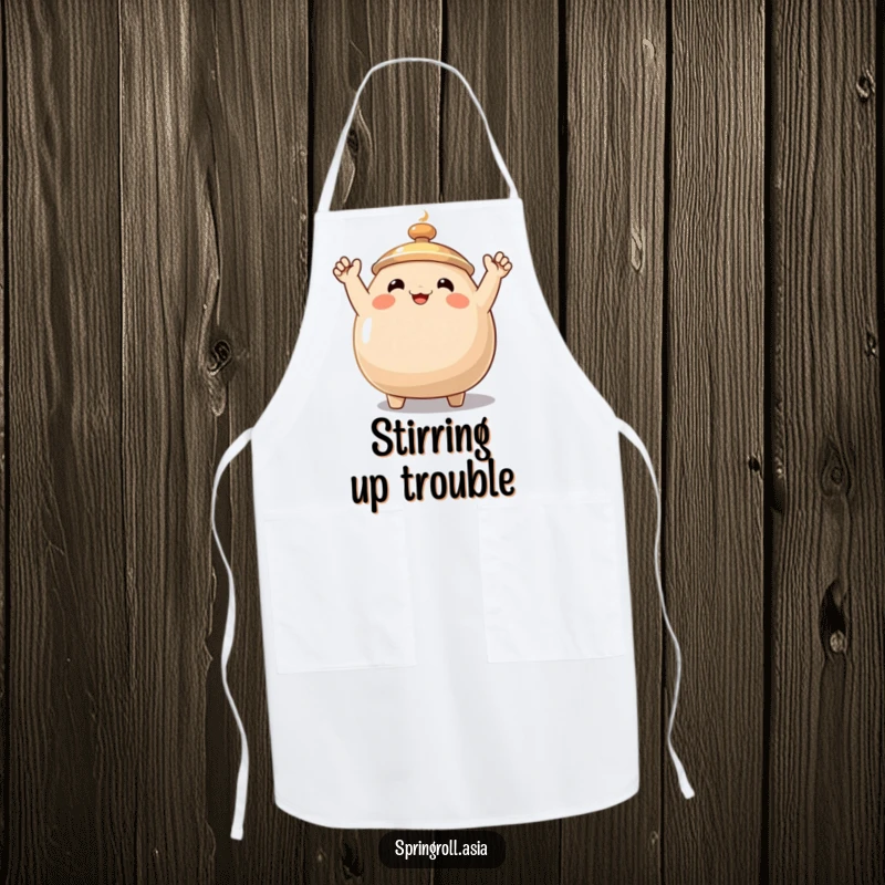 Funny wok apron designed with a smiling cooking wok and small, waving arms, making cooking sessions more lively and humorous.