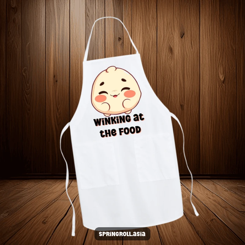 Funny apron: a dumpling character with a cheerful wink and wiggling eyebrows, perfect for adding playful fun to cooking.