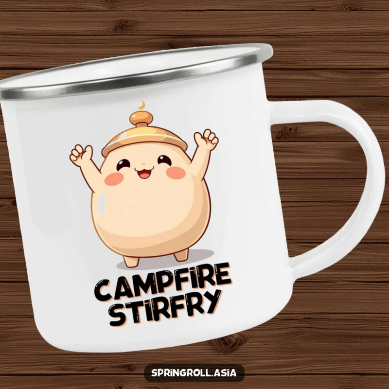 Funny wok camping mug with a smiling face and small waving arms, ideal for enjoying beverages during outdoor cooking adventures.