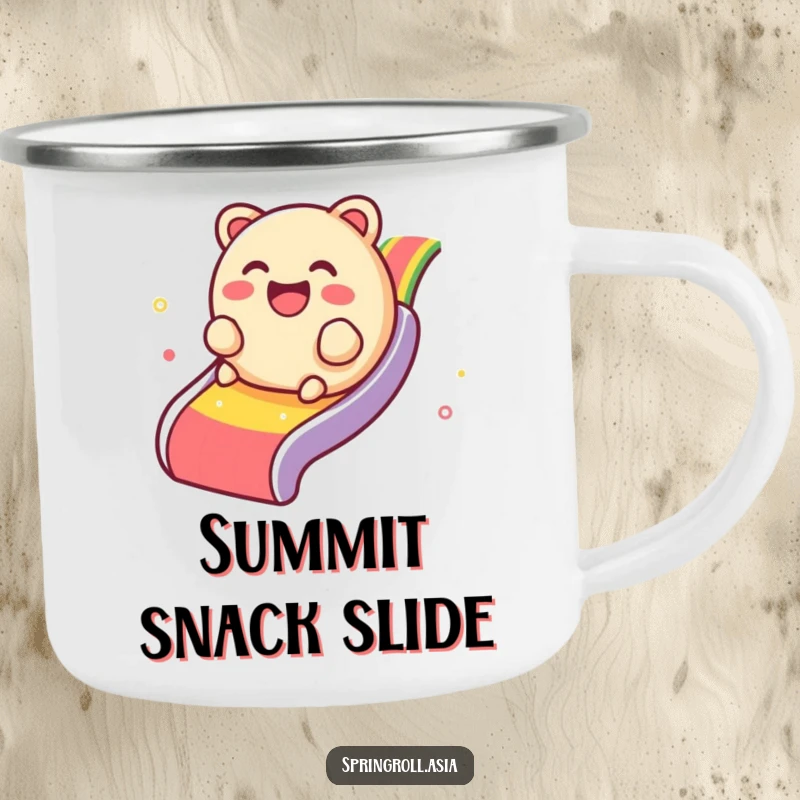 Funny camping mug with a giggling dim sum dumpling rolling down a rainbow slide, perfect for outdoor joy.