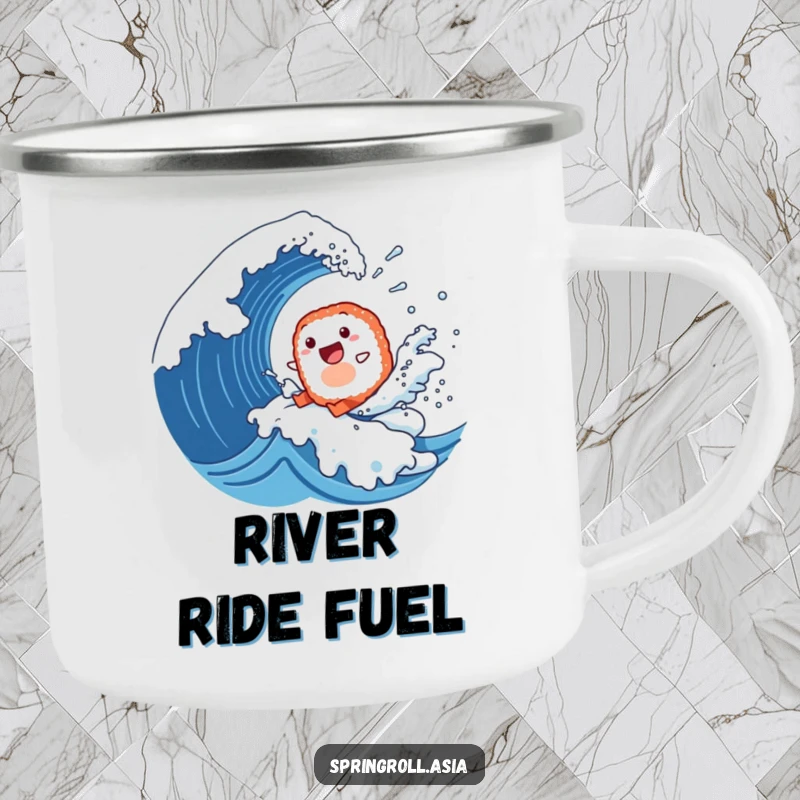 Funny camping mug of a happy sushi roll surfing a giant wave, perfect for hot beverages during outdoor excursions.