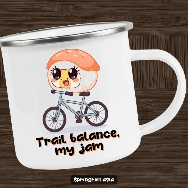 Funny camping mug: a piece of sushi with wide, happy eyes joyfully balancing on a tiny bicycle, perfect for outdoor drinks.