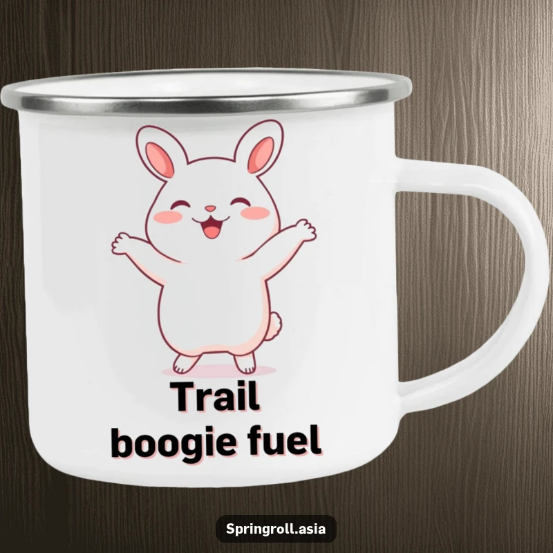 Funny bao bun camping mug showing a happy steamed bun dancing, ideal for outdoor drinks with a touch of playful humor.