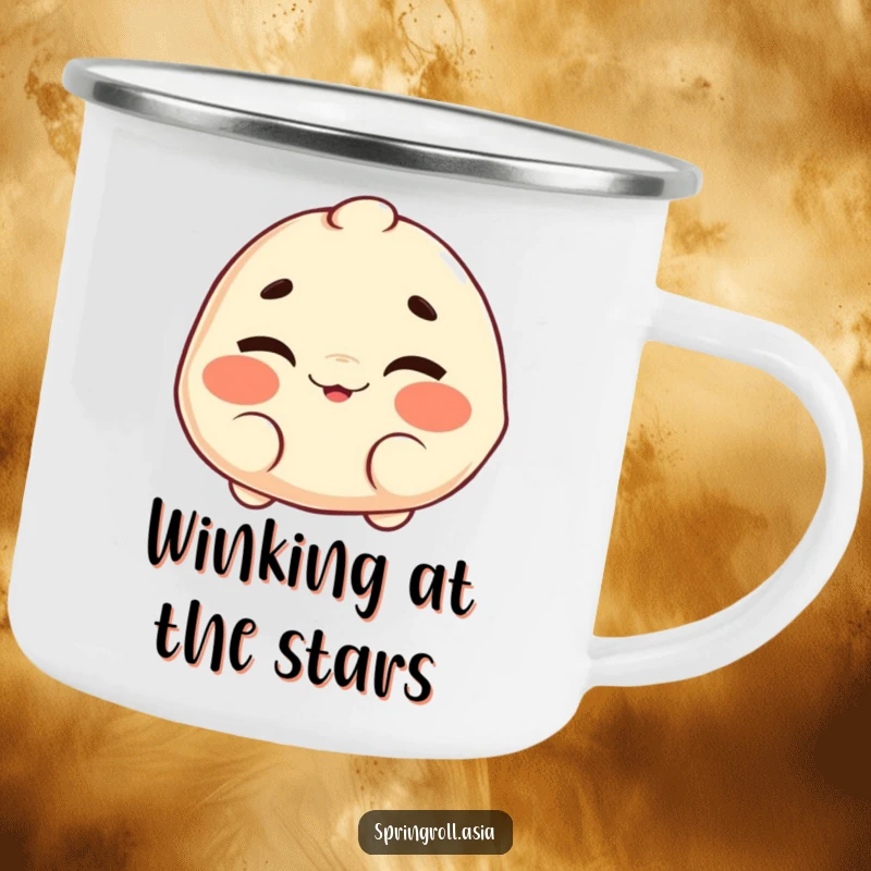 Funny camping mug: a dumpling character with a cheerful wink and wiggling eyebrows, perfect for outdoor drinks.