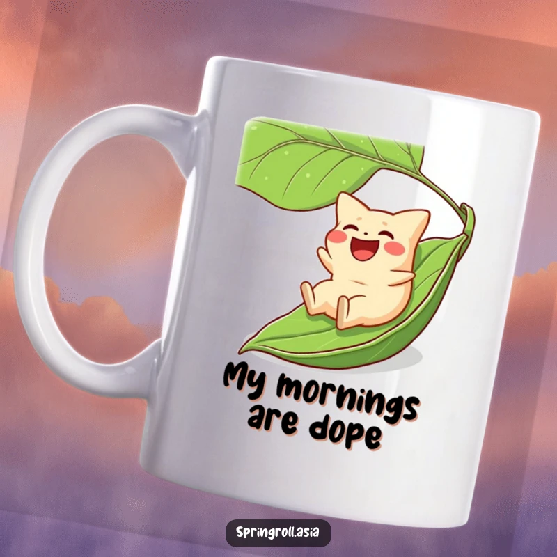 Funny gyoza mug featuring a laughing dumpling sliding downhill on a large green leaf, conveying pure, unadulterated fun.