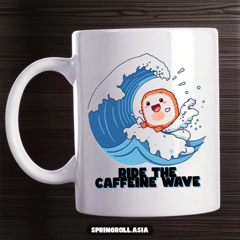 Funny mug depicting a happy sushi roll surfing a giant wave with excitement, water droplets flying, capturing adventurous fun.