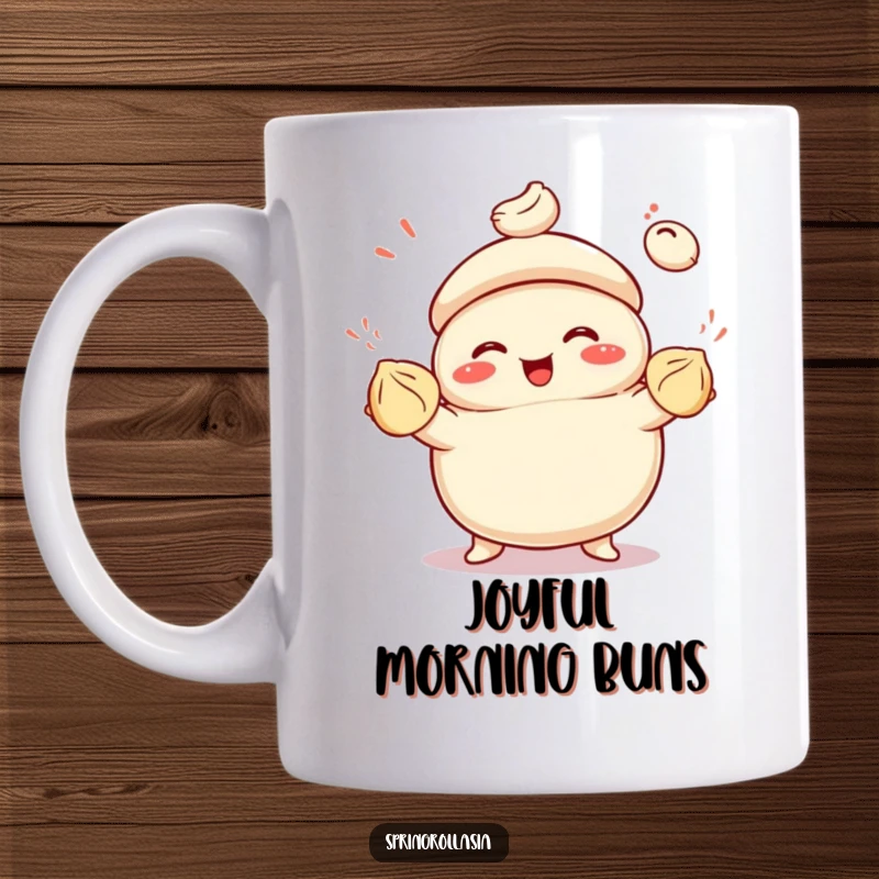 Funny mug of a smiling bao bun juggling colorful dumplings with pure glee, showcasing juggling skills and happiness.