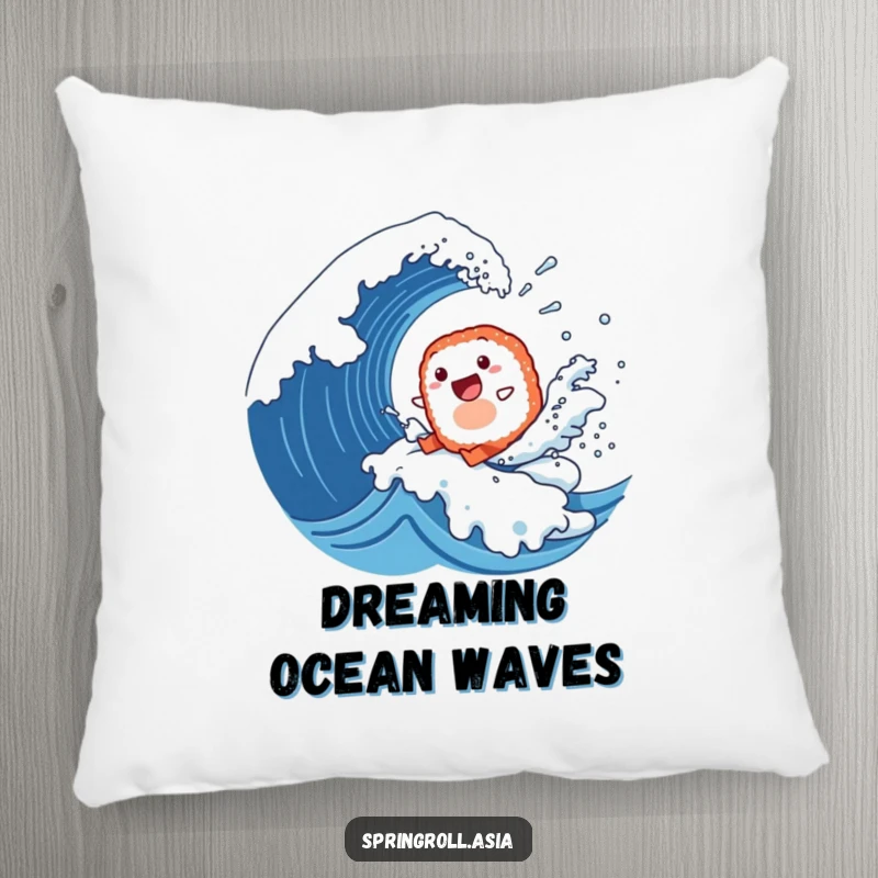 Funny pillow featuring a happy sushi roll surfing a giant wave, providing soft comfort and a splash of ocean-themed humor.
