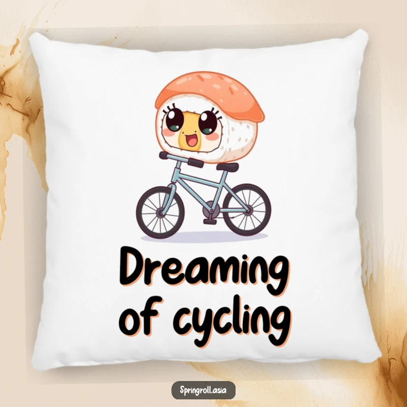 Funny pillow featuring a piece of sushi with wide, happy eyes joyfully balancing on a tiny bicycle, designed for comfort and whimsical decor.