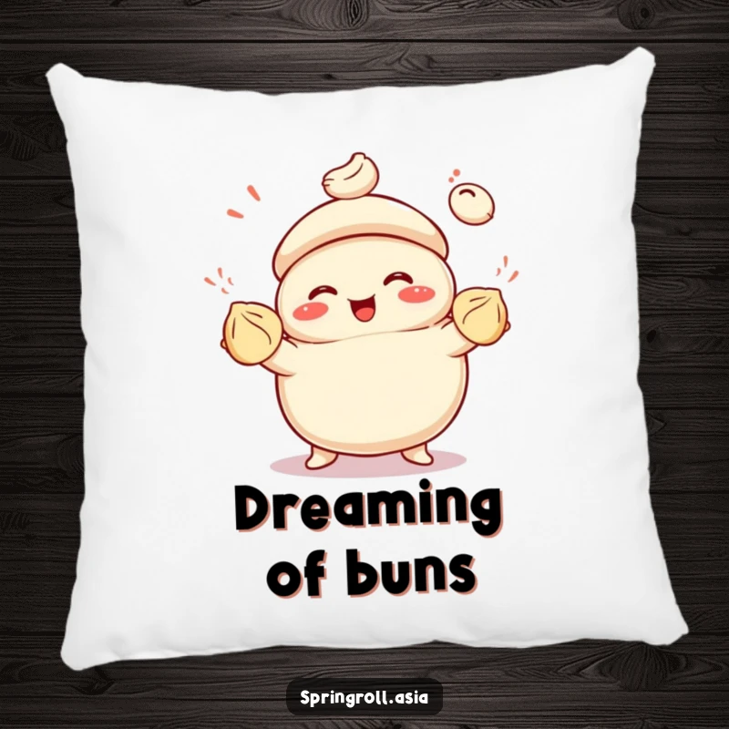 Funny pillow featuring a smiling bao bun juggling colorful dumplings with glee, offering soft comfort and culinary-themed humor.
