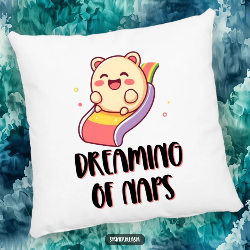 Funny pillow featuring a giggling dim sum dumpling rolling down a rainbow, adding comfort and whimsical charm.