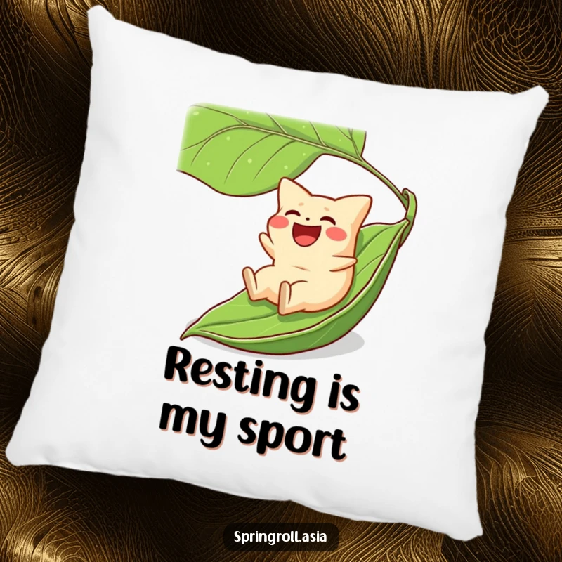 Funny pillow featuring a laughing gyoza dumpling sliding on a large green leaf, perfect for adding comfort and humor.