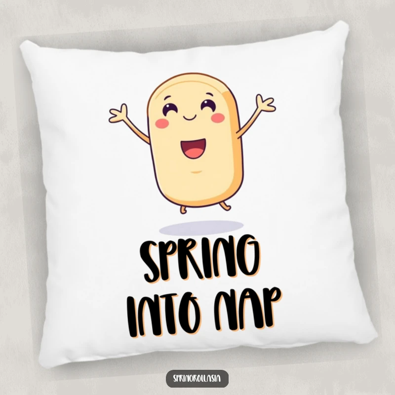 Funny pillow featuring a smiling spring roll character with tiny legs doing a celebratory jump, designed for comfort and lively decor.