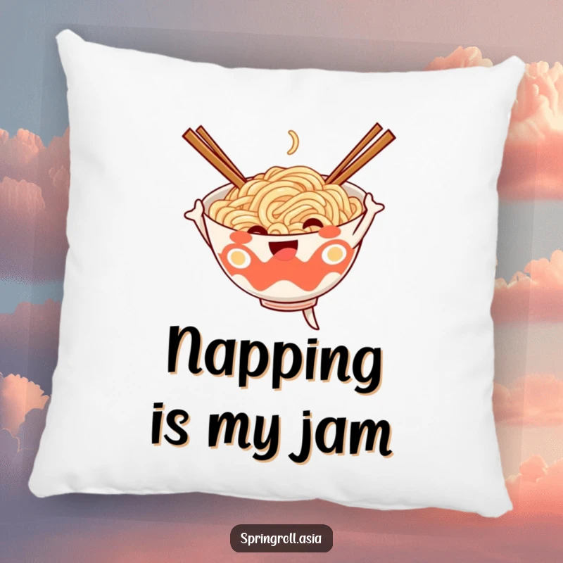 Funny pillow showcasing a cheerful noodle bowl in a silly dance pose, arms made of chopsticks, adding comfort and humor.