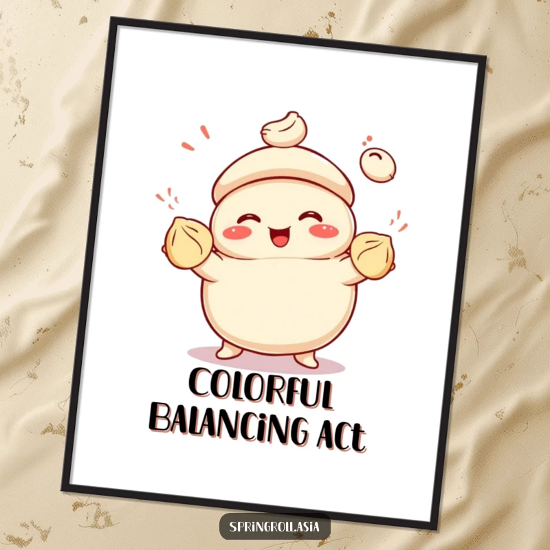 Funny digital art print of a smiling bao bun juggling colorful dumplings with glee, ideal for printable wall decor.