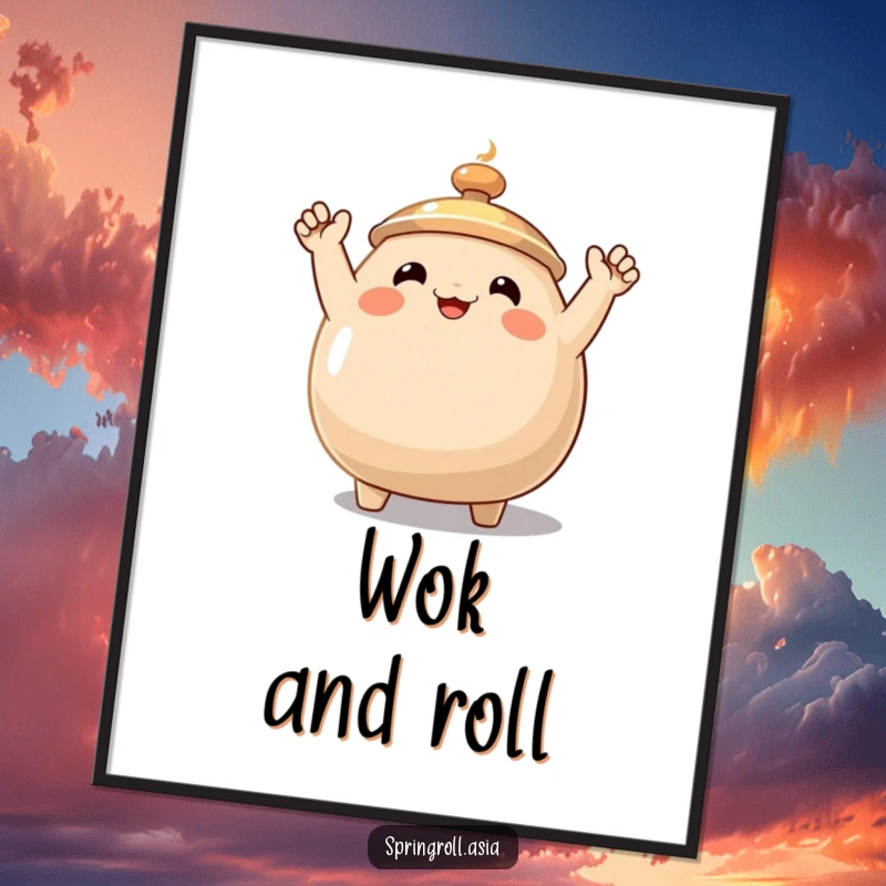 Funny wok digital art print of a smiling cooking wok with small waving arms, providing instant energy and humor to wall decor.