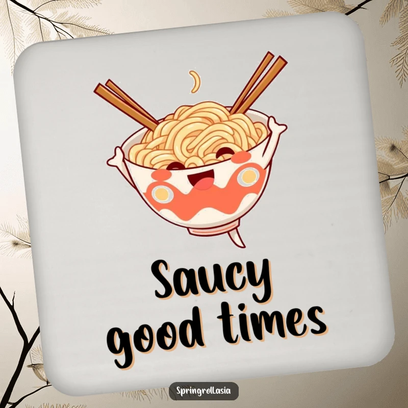 Funny drink coaster with a cheerful noodle bowl dancing joyfully, chopsticks as arms, protecting tabletops with style.