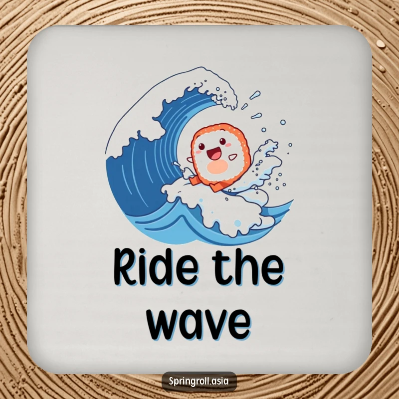 Funny drink coasters showcasing a happy sushi roll surfing a giant wave, adding protection with a touch of ocean adventure.