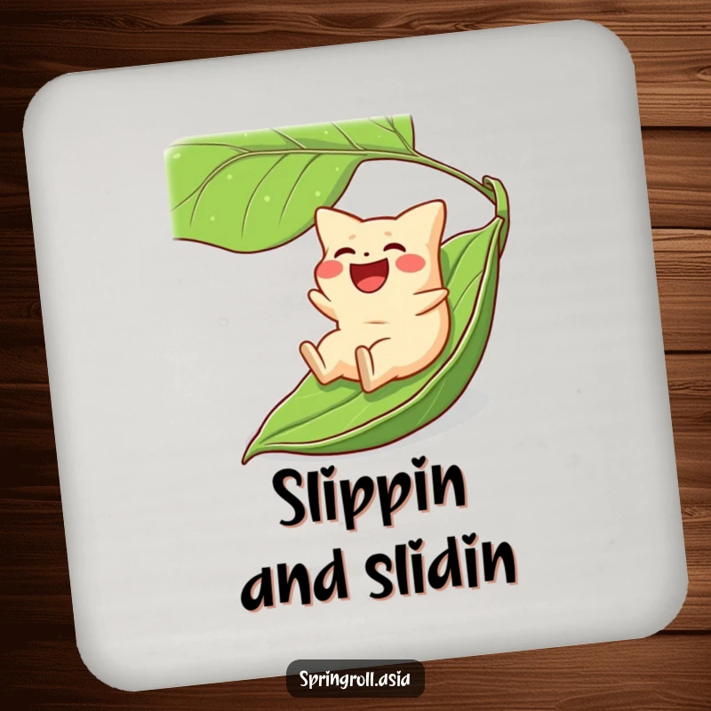 Funny drink coaster with a laughing gyoza sliding on a giant green leaf, protecting surfaces with playful charm.