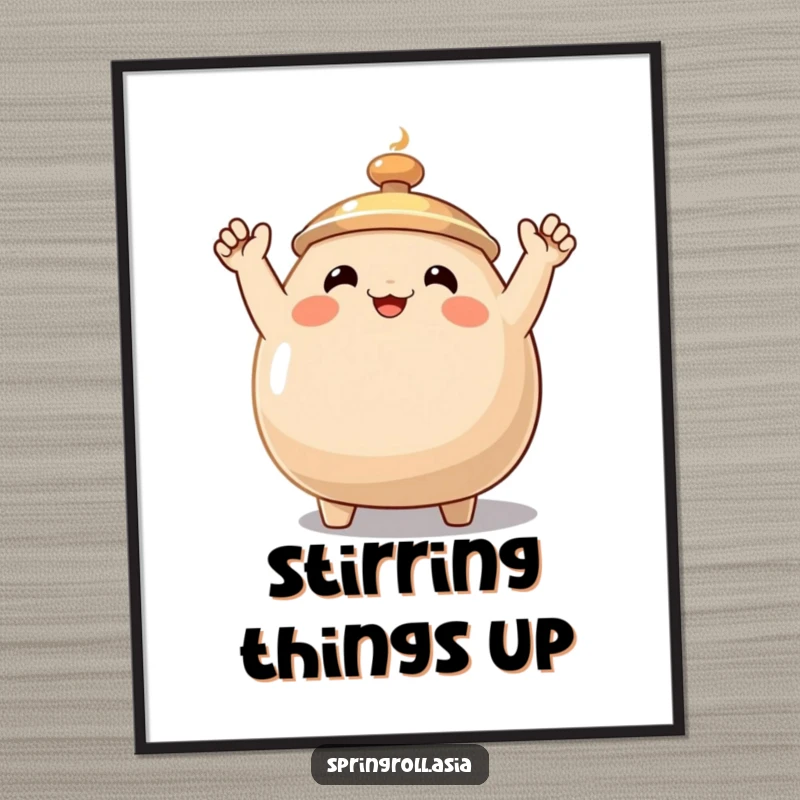 Funny wok poster showcasing a smiling cooking wok with small, expressive arms waving, adding a whimsical and energetic touch to wall decor.