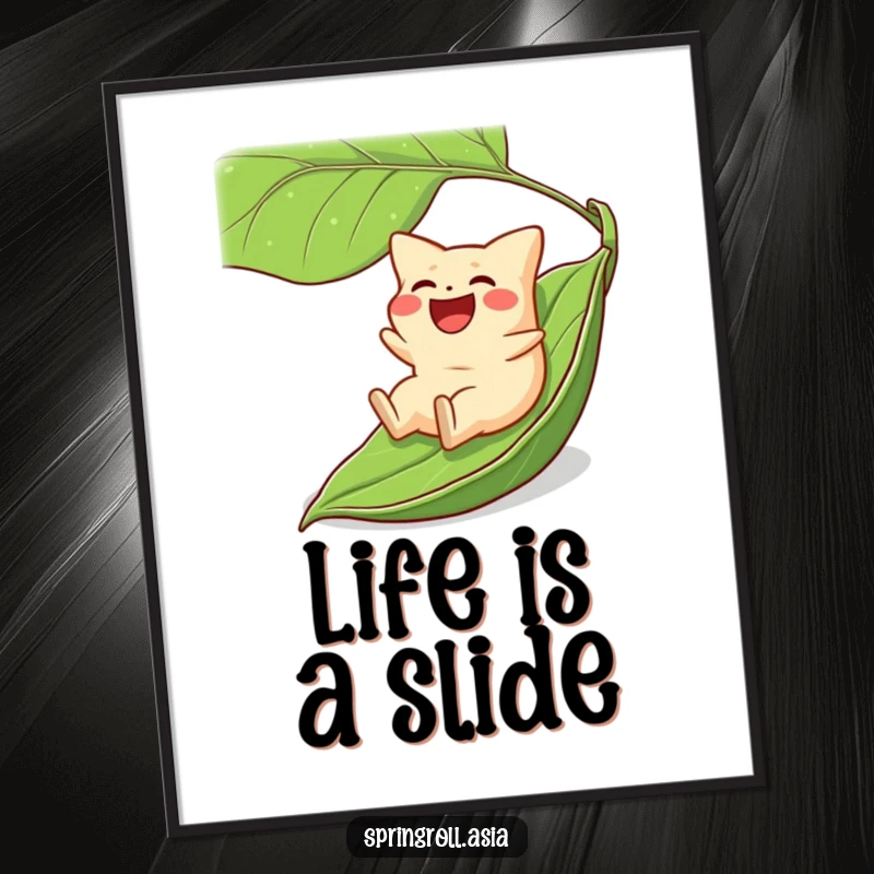 Funny poster of a laughing gyoza sliding downhill on a giant green leaf, whimsical food art bringing smiles.