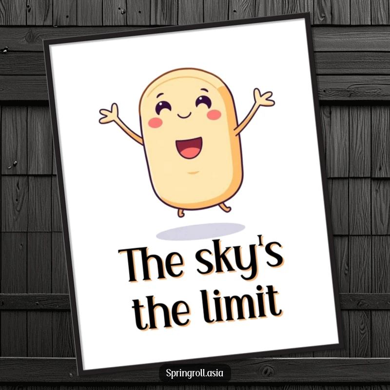 Funny poster: a smiling spring roll character with tiny legs in a celebratory jump, a vibrant piece of wall art full of energy.