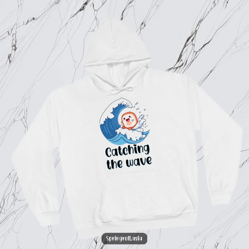 Funny hoodie of a happy sushi roll surfing a giant wave, suitable for keeping warm during exciting activities.