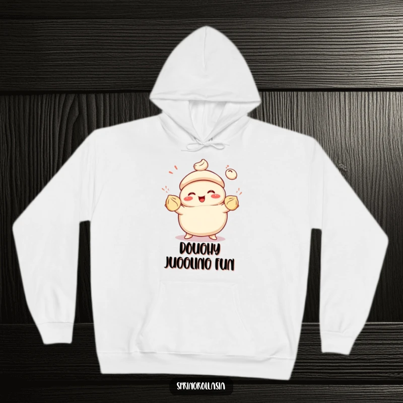 Funny hoodie of a smiling bao bun juggling colorful dumplings with glee, perfect for staying warm and cheerful.