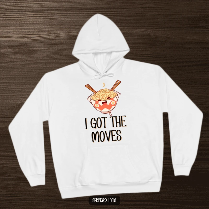 Funny hoodie with a cheerful noodle bowl doing a goofy dance with chopsticks for arms, radiating joy and warmth.