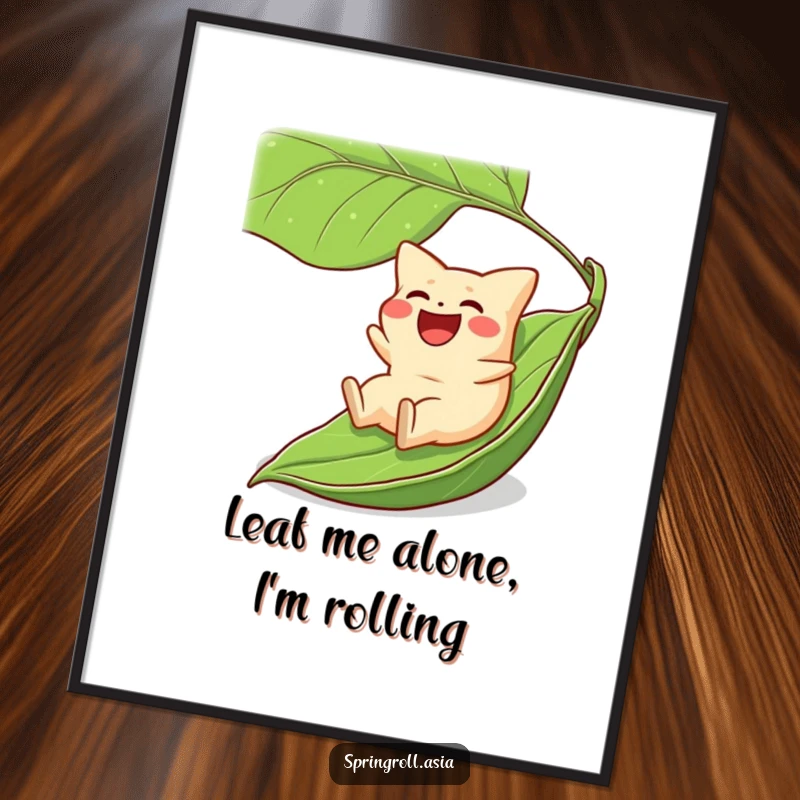 Funny Free Printable Wall Art: A laughing gyoza enjoys a thrilling downhill ride on a giant green leaf, full of joy.