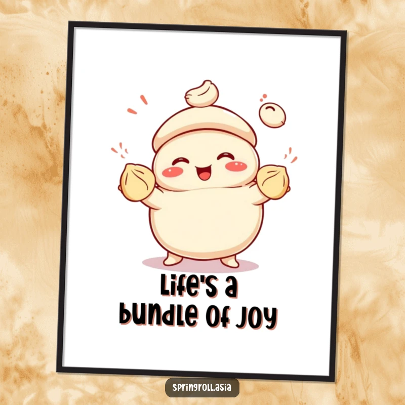 Funny Free Printable Wall Art: A smiling bao bun character gleefully juggling three colorful dumplings, exuding happiness.