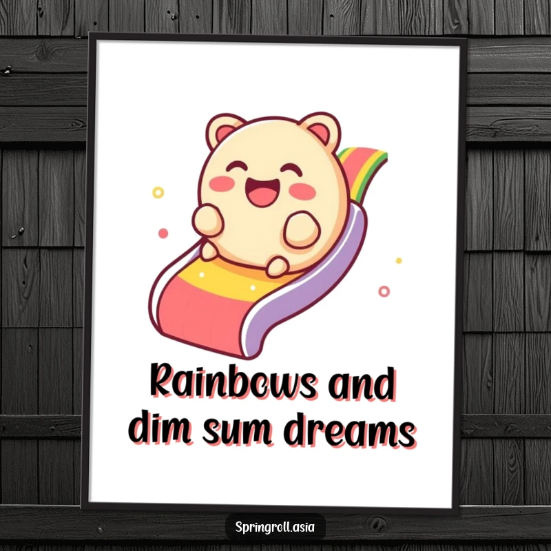 Funny Free Printable Wall Art: A giggling dim sum glides down a rainbow slide, creating a cheerful and whimsical scene.
