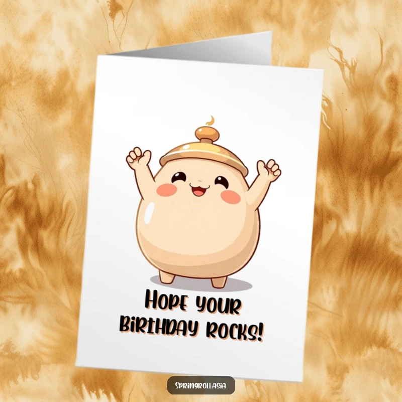 Funny Free Printable Birthday Card: A smiling wok enthusiastically waves its small arms, sending birthday wishes.