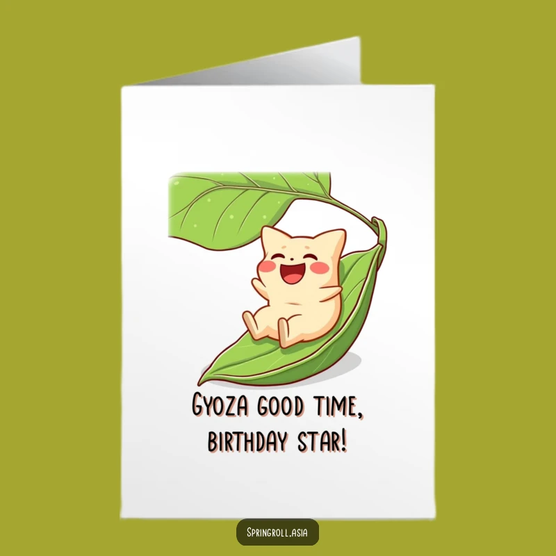 Free Printable Birthday Card: Gyoza's Hilarious Leaf Slide for a Fun Celebration