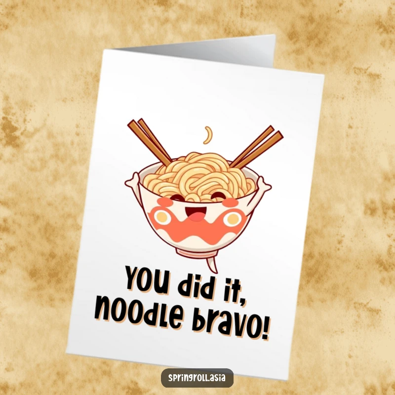 Funny Free Printable Congratulations Card: Noodle bowl with chopsticks arms doing a happy dance, celebrating achievements with glee.