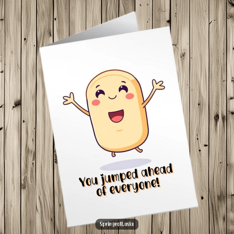 Funny Free Printable Congratulations Card: A smiling spring roll doing a celebratory jump