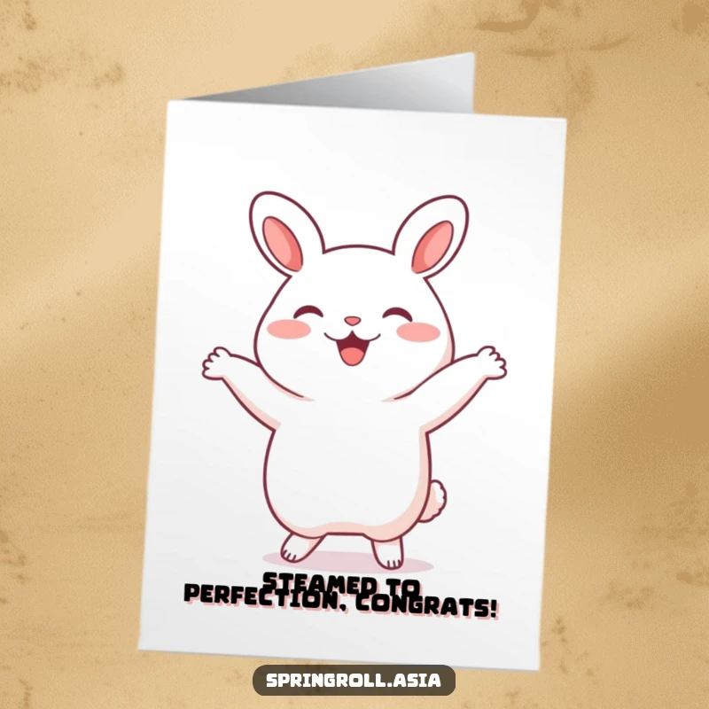 Funny Free Printable Congratulations Card: A happy bao bun performs a comical dance, celebrating your success with joy.