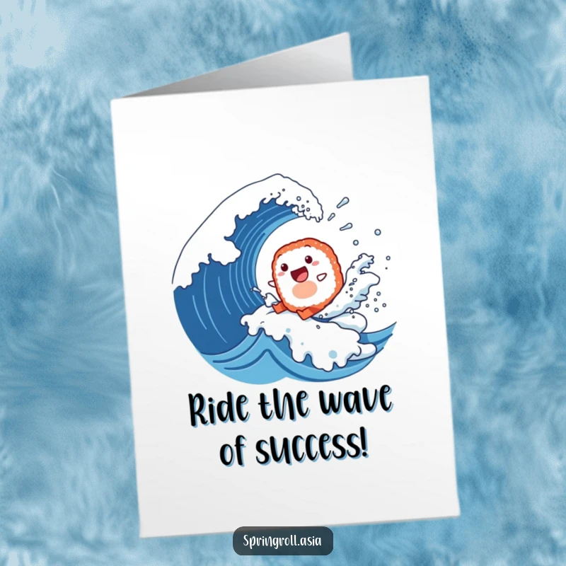 Funny Free Printable Congratulations Card: A happy sushi roll catching a massive wave, with water splashing, symbolizing triumph.