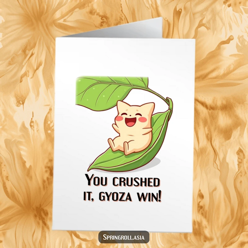 Funny Free Printable Congratulations Card: A gleeful gyoza speeds downhill on a green leaf, celebrating success with laughter.