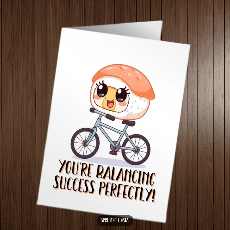Funny Free Printable Congratulations Card: Sushi character balancing on a small bicycle