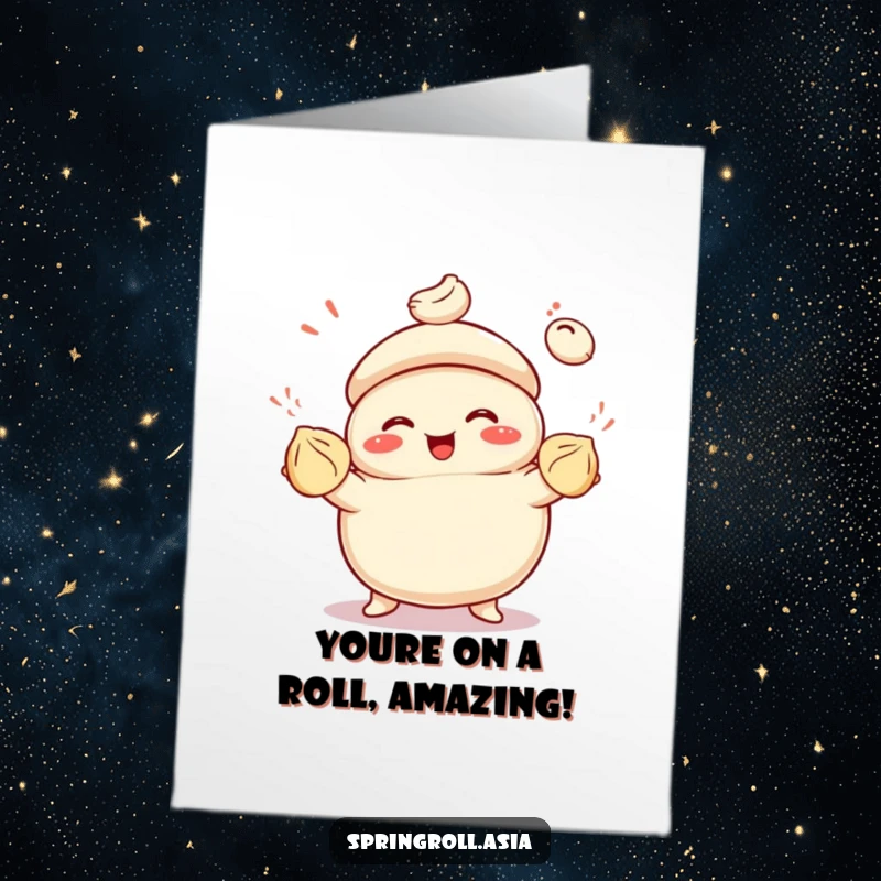 Funny Free Printable Congratulations Card: A smiling bao bun juggling three vibrant dumplings with impressive glee and skill.