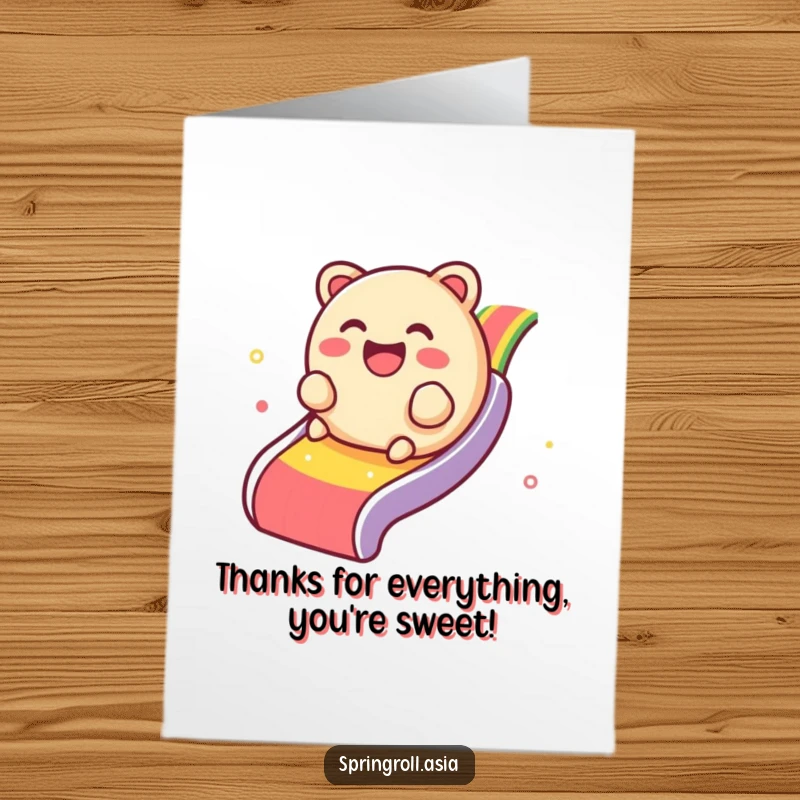 Funny Free Printable Thank You Card: A giggling dim sum navigates a rainbow slide, sending thanks with pure delight.