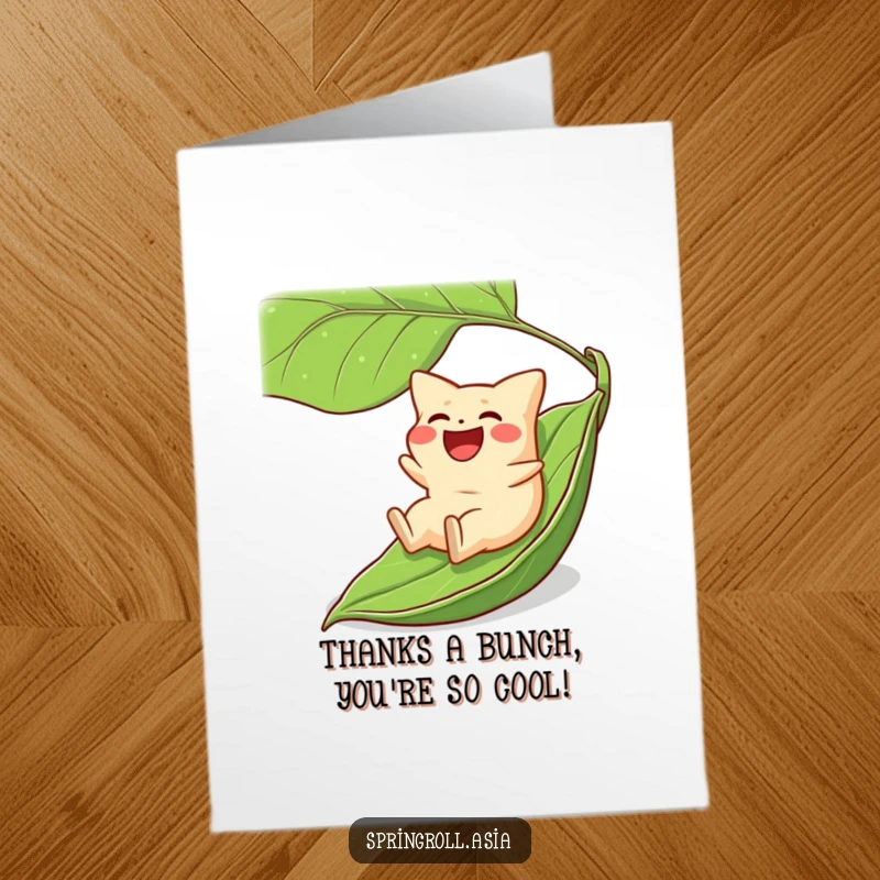 Funny Free Printable Thank You Card: A laughing gyoza glides down a giant leaf, sending thanks with exhilarating joy.