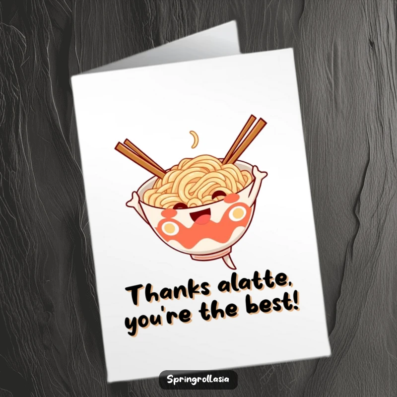 Funny Free Printable Thank You Card: A happy noodle bowl performs a silly chopstick dance, showing immense appreciation.